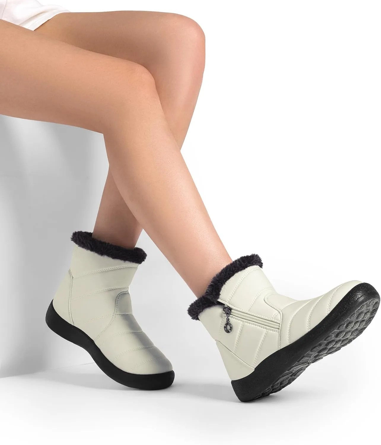 DREAM PAIRS Winter Boots for Women Warm Fur Lined with Zipper Flat Ankle Boots Comfortable Lightweight Outdoor Indoor Booties