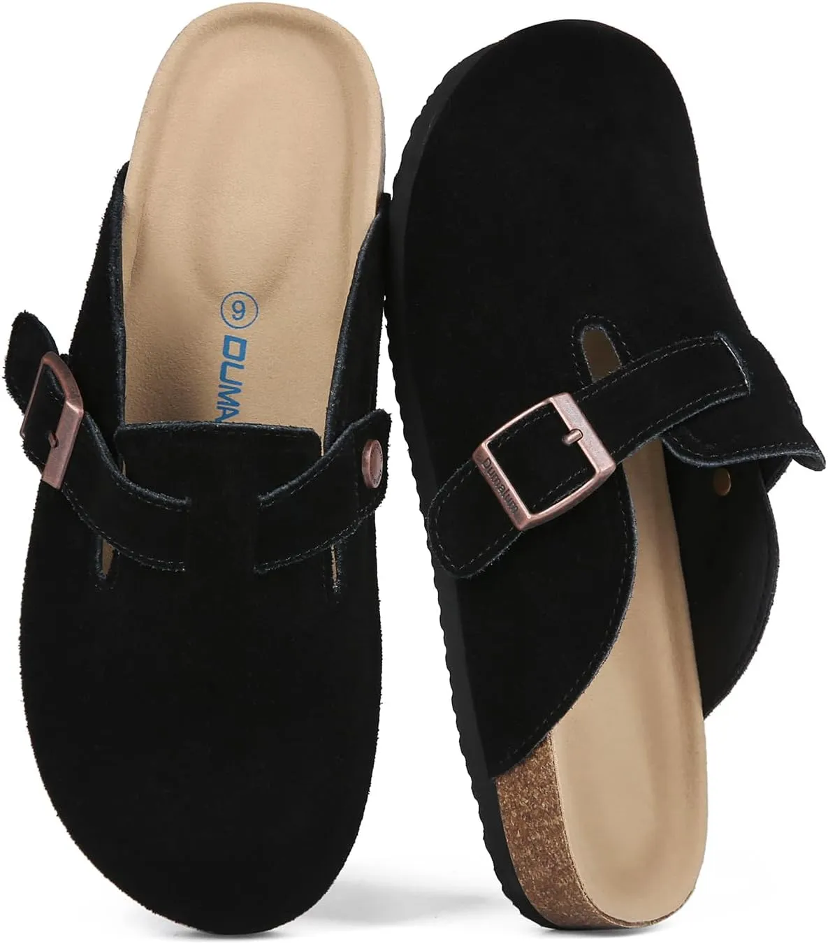 Dumalum Suede Clogs for Women and Men - Adjustable Buckle Slip-on Cork Footbed Mules with Antislip Sole - Unisex Slippers