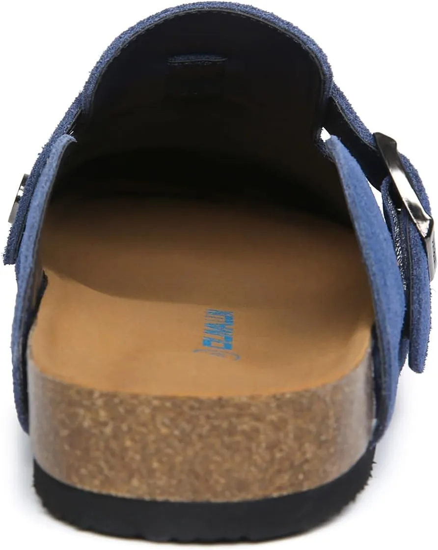Dumalum Suede Clogs for Women and Men - Adjustable Buckle Slip-on Cork Footbed Mules with Antislip Sole - Unisex Slippers