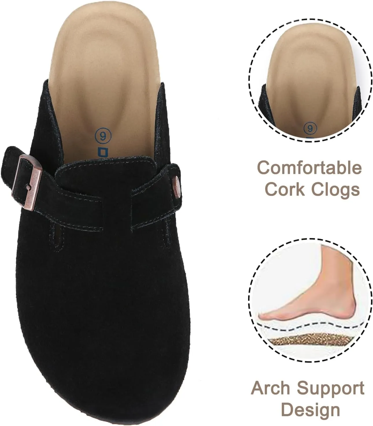 Dumalum Suede Clogs for Women and Men - Adjustable Buckle Slip-on Cork Footbed Mules with Antislip Sole - Unisex Slippers