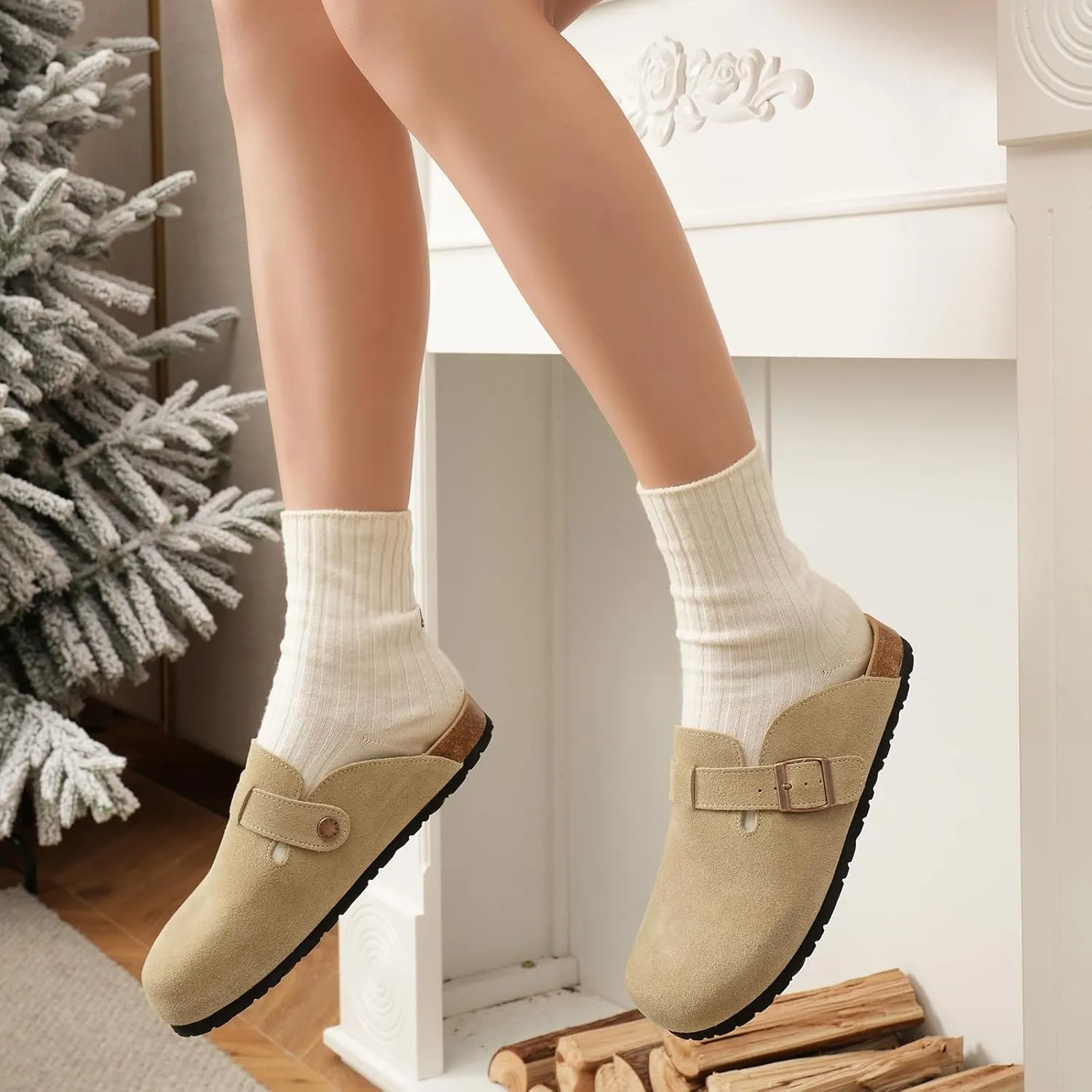Dumalum Suede Clogs for Women and Men - Adjustable Buckle Slip-on Cork Footbed Mules with Antislip Sole - Unisex Slippers