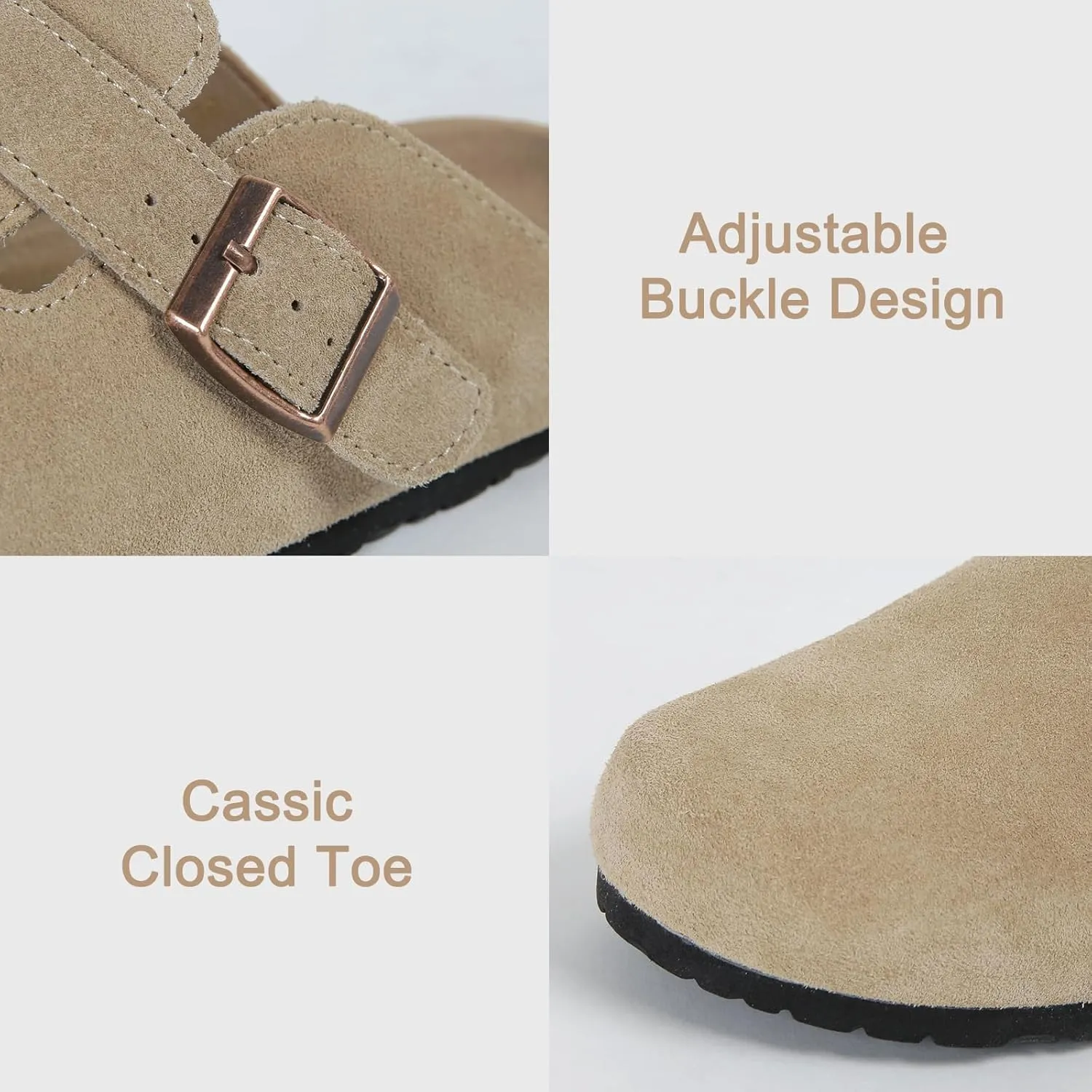 Dumalum Suede Clogs for Women and Men - Adjustable Buckle Slip-on Cork Footbed Mules with Antislip Sole - Unisex Slippers