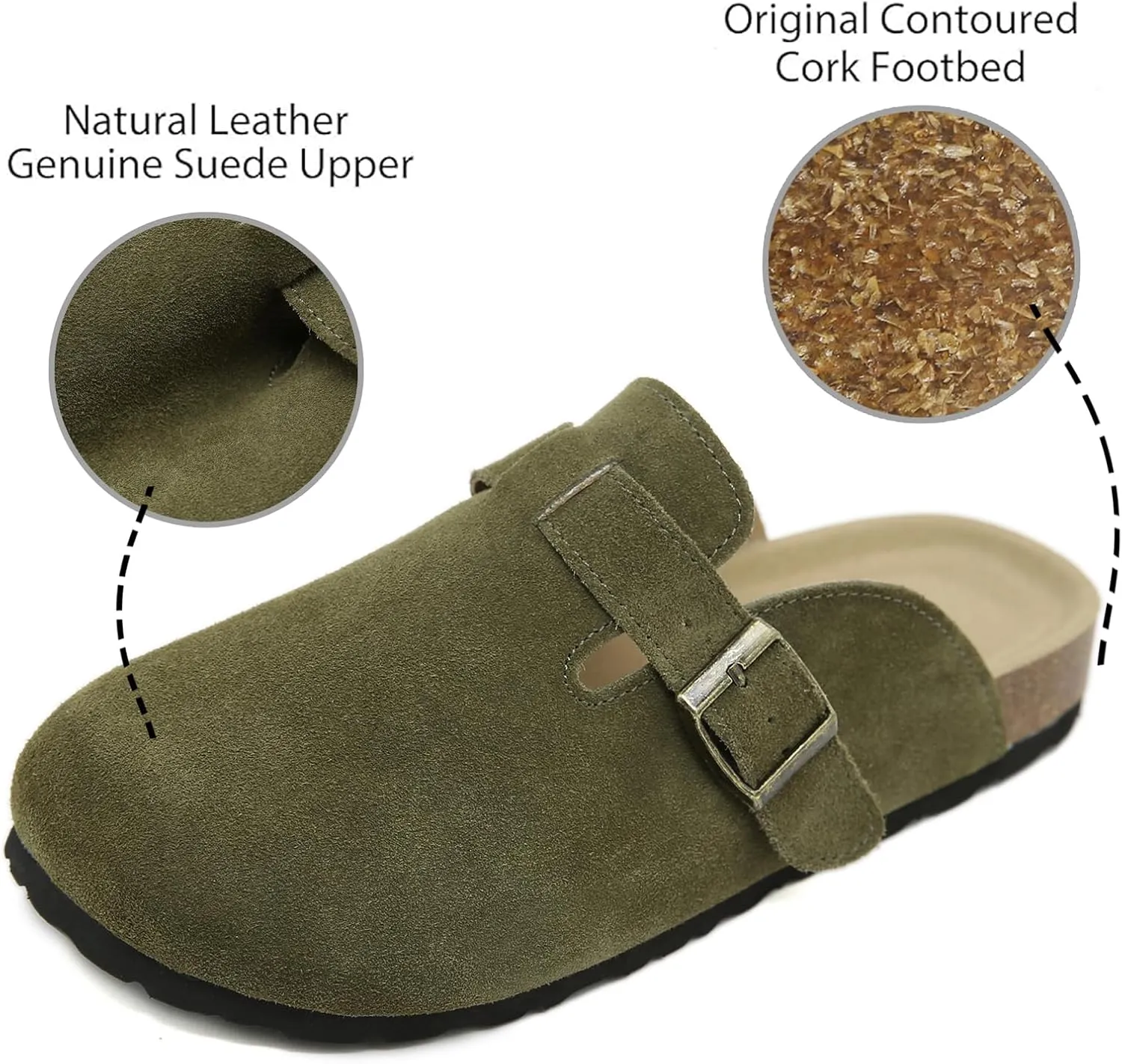 Dumalum Suede Clogs for Women and Men - Adjustable Buckle Slip-on Cork Footbed Mules with Antislip Sole - Unisex Slippers