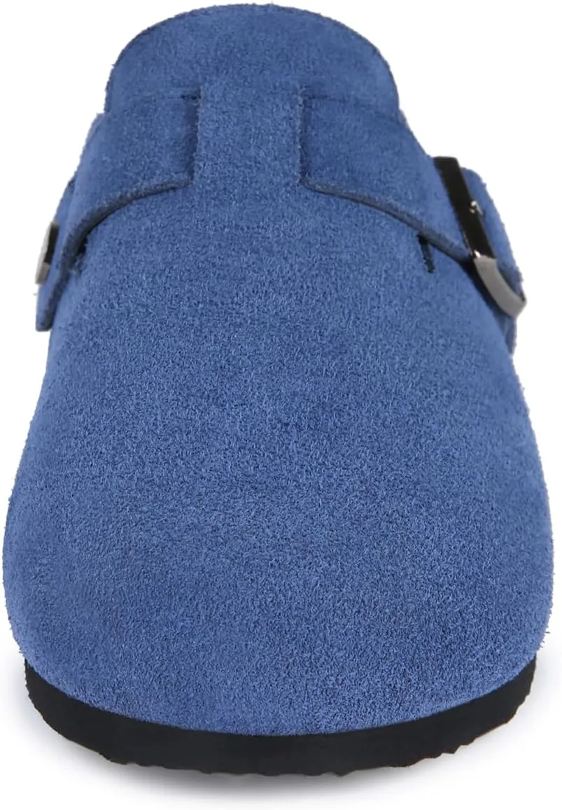 Dumalum Suede Clogs for Women and Men - Adjustable Buckle Slip-on Cork Footbed Mules with Antislip Sole - Unisex Slippers