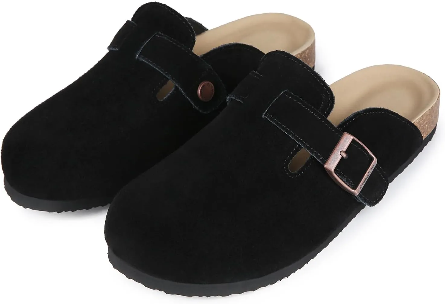 Dumalum Suede Clogs for Women and Men - Adjustable Buckle Slip-on Cork Footbed Mules with Antislip Sole - Unisex Slippers