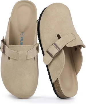 Dumalum Suede Clogs for Women and Men - Adjustable Buckle Slip-on Cork Footbed Mules with Antislip Sole - Unisex Slippers