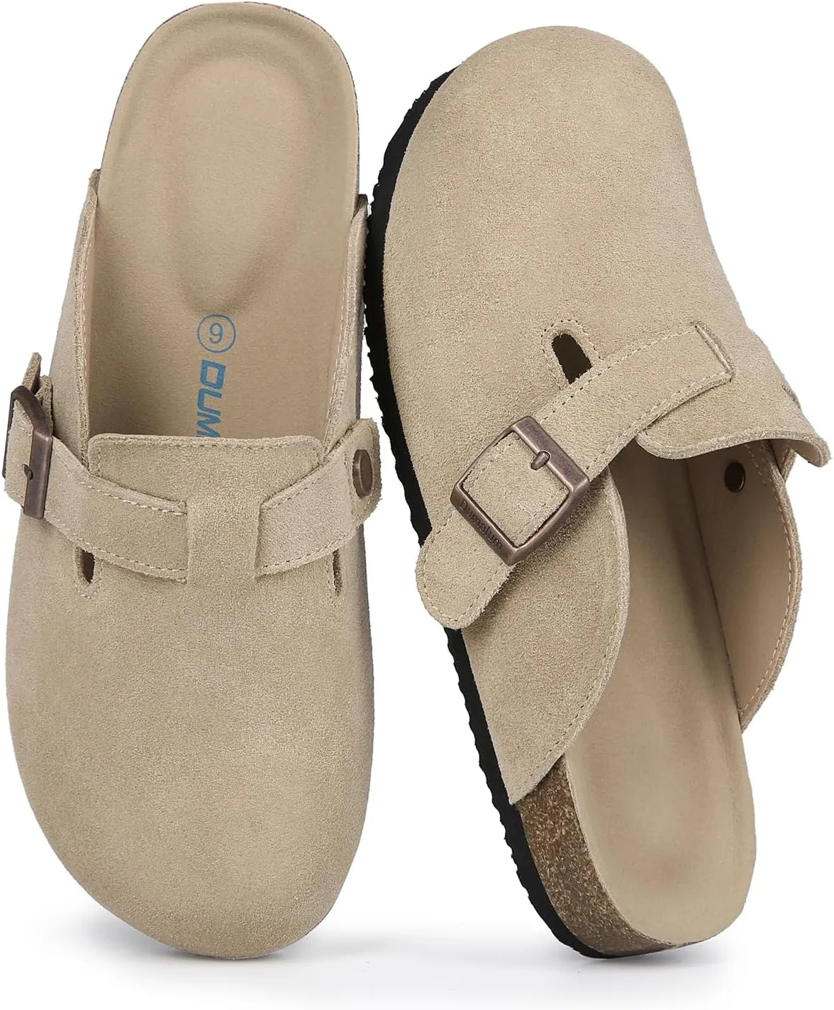 Dumalum Suede Clogs for Women and Men - Adjustable Buckle Slip-on Cork Footbed Mules with Antislip Sole - Unisex Slippers