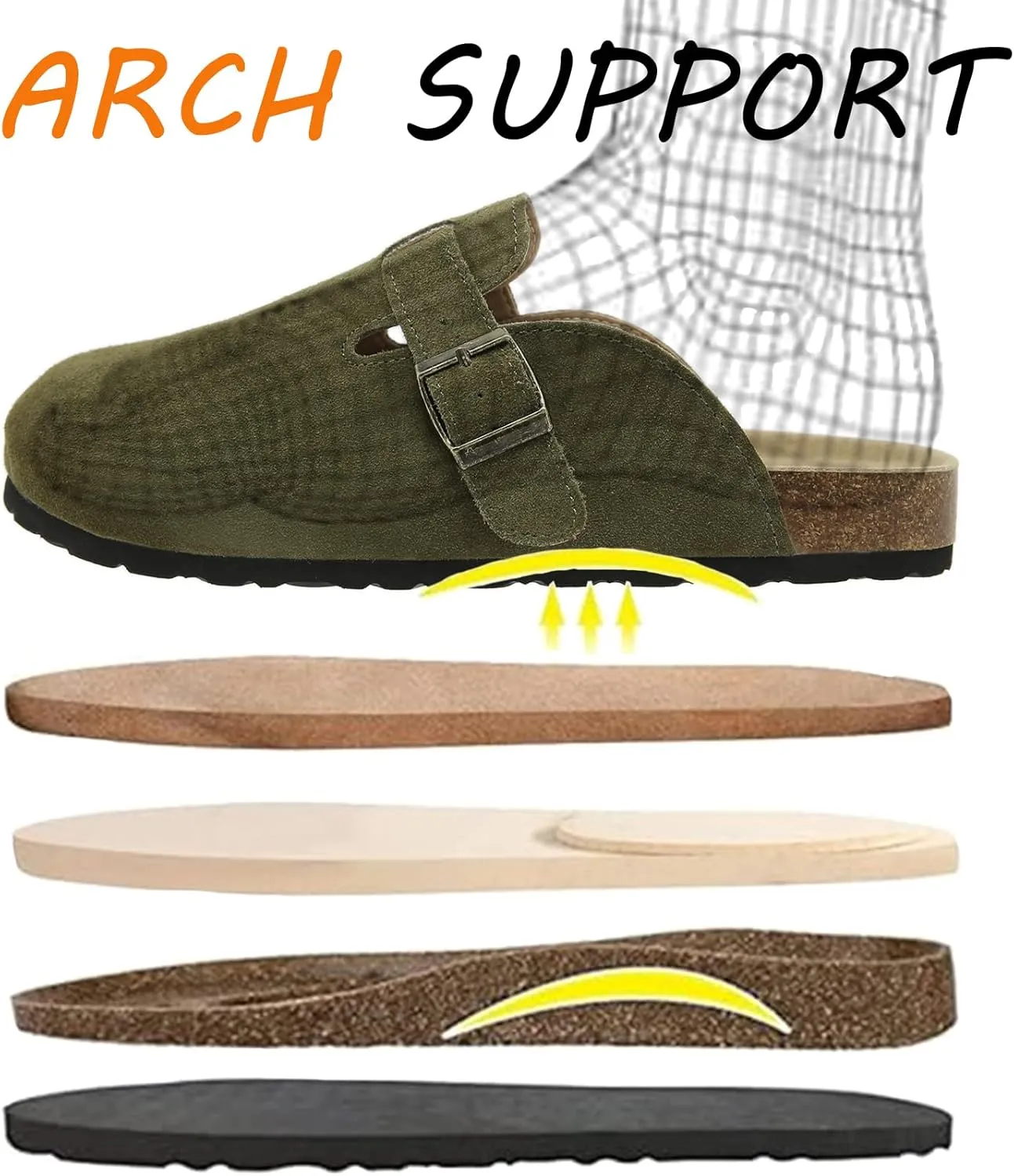 Dumalum Suede Clogs for Women and Men - Adjustable Buckle Slip-on Cork Footbed Mules with Antislip Sole - Unisex Slippers