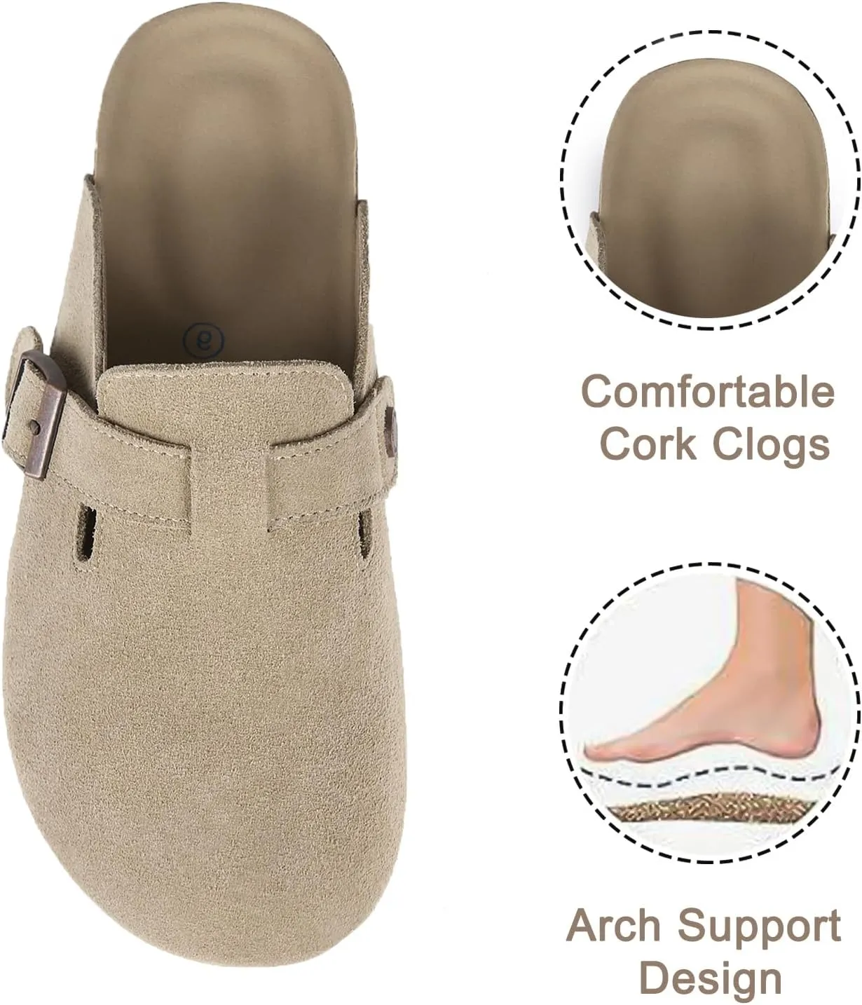 Dumalum Suede Clogs for Women and Men - Adjustable Buckle Slip-on Cork Footbed Mules with Antislip Sole - Unisex Slippers