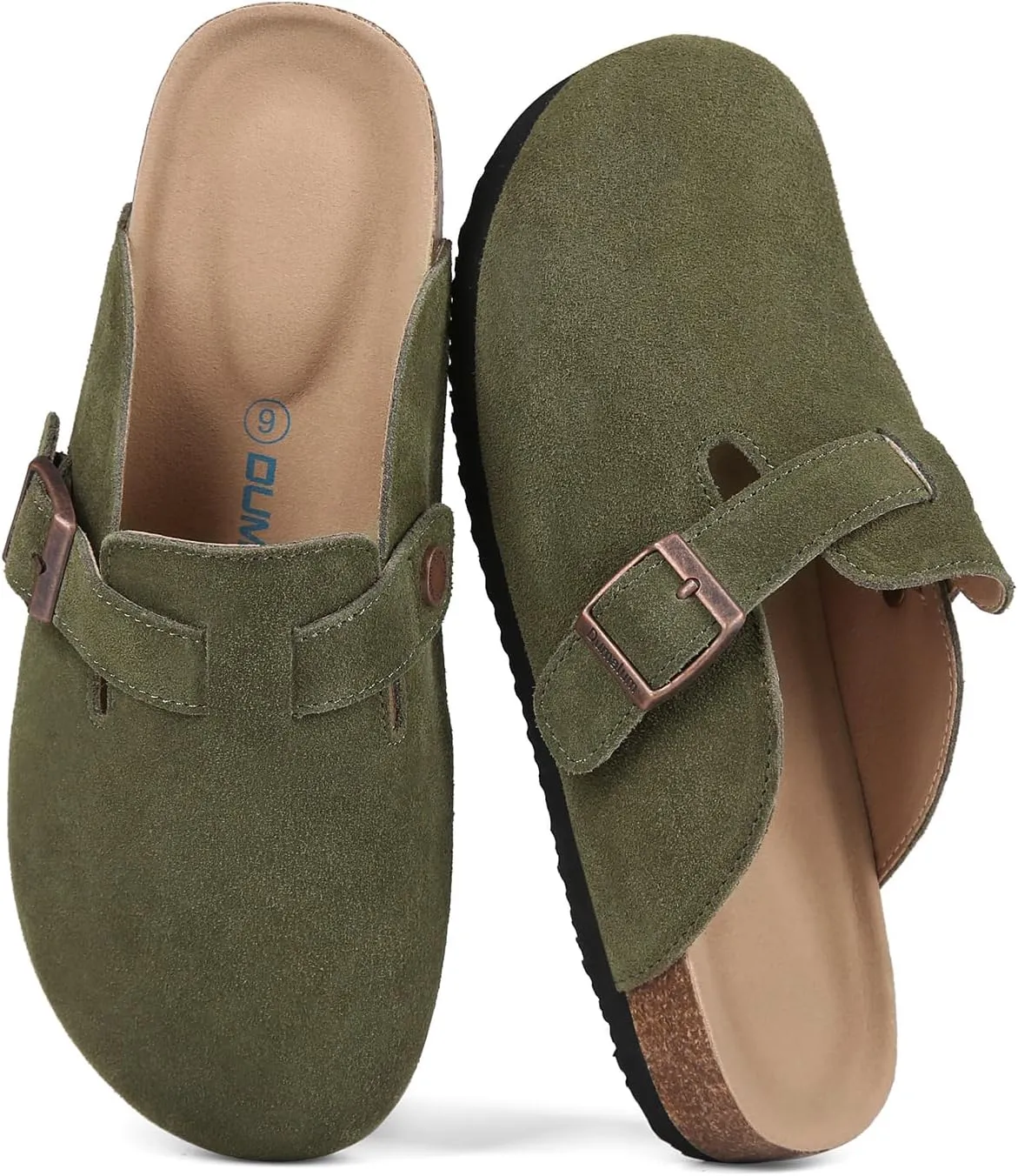 Dumalum Suede Clogs for Women and Men - Adjustable Buckle Slip-on Cork Footbed Mules with Antislip Sole - Unisex Slippers