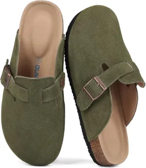 Dumalum Suede Clogs for Women and Men - Adjustable Buckle Slip-on Cork Footbed Mules with Antislip Sole - Unisex Slippers
