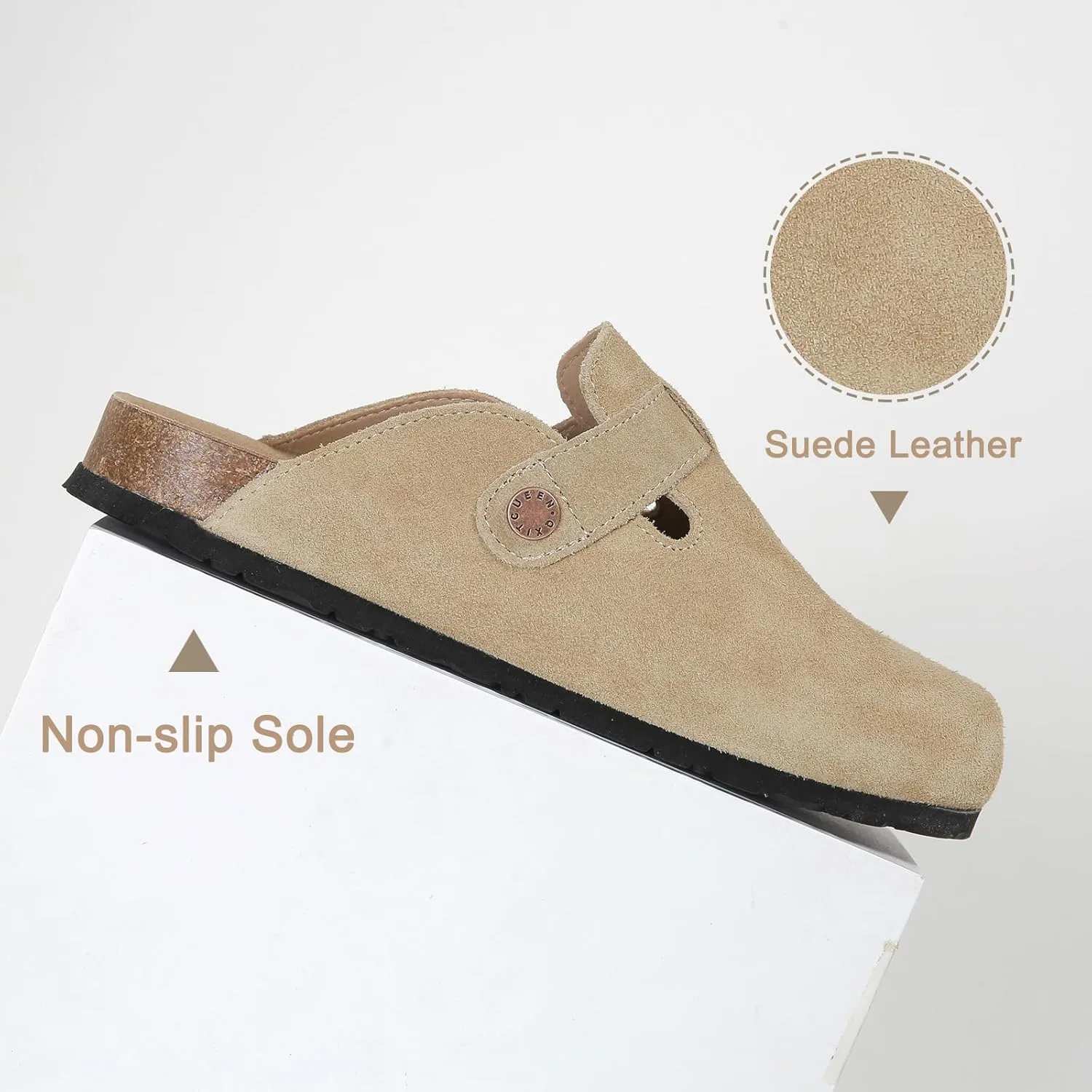 Dumalum Suede Clogs for Women and Men - Adjustable Buckle Slip-on Cork Footbed Mules with Antislip Sole - Unisex Slippers