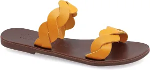 Emmanuela Ancient Greek Handmade Leather Flat Sandals with braided straps, Quality Slide on Summer Shoes for Women, Open Toe Sliders, Boho Chic Mules White Rose Gold Yellow