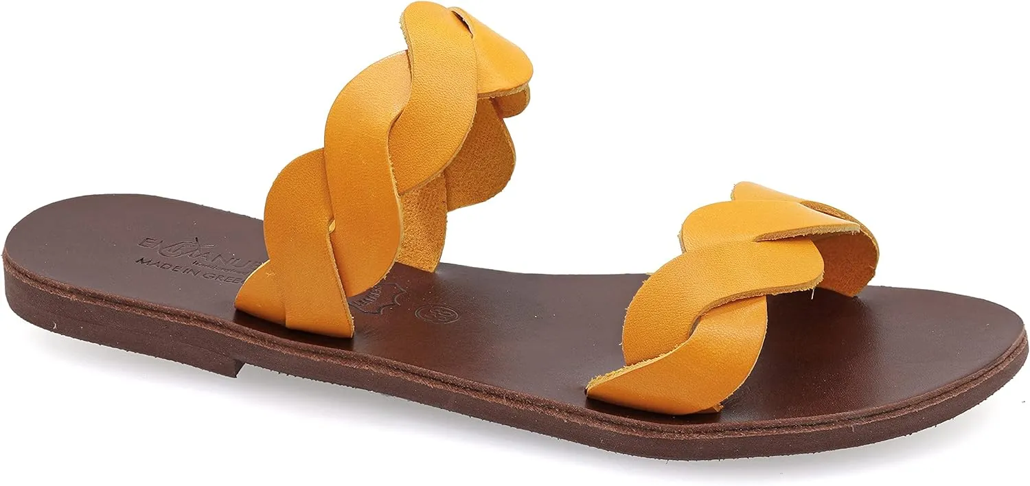 Emmanuela Ancient Greek Handmade Leather Flat Sandals with braided straps, Quality Slide on Summer Shoes for Women, Open Toe Sliders, Boho Chic Mules White Rose Gold Yellow