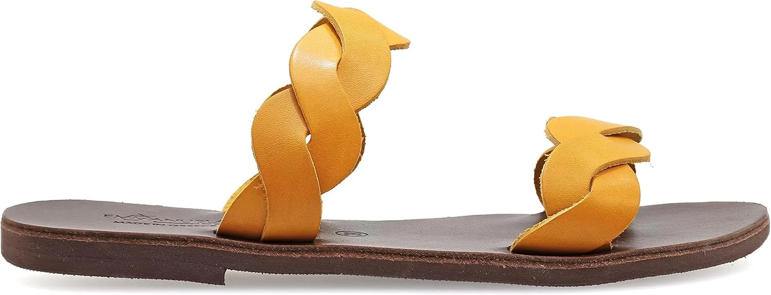 Emmanuela Ancient Greek Handmade Leather Flat Sandals with braided straps, Quality Slide on Summer Shoes for Women, Open Toe Sliders, Boho Chic Mules White Rose Gold Yellow