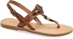 Emmanuela Ancient Greek Leather Ornamented Sandals with adjustable buckle strap, Quality Ankle Strap Summer Shoes for Women, Boho Chic Thong Sandals with Metal elements