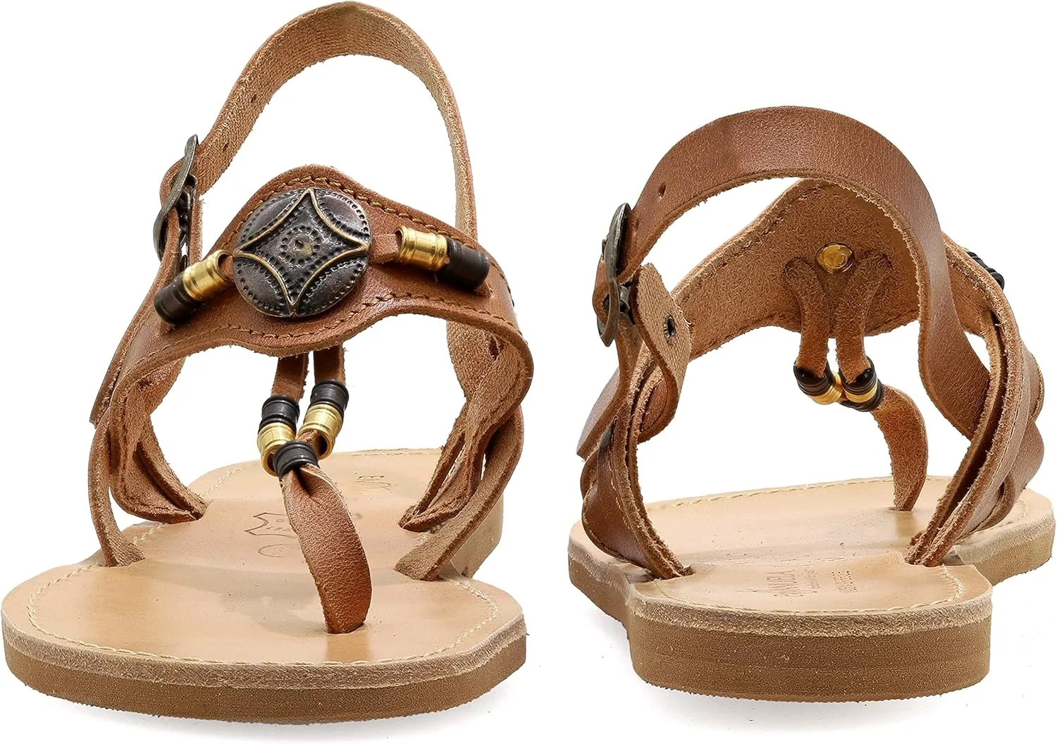 Emmanuela Ancient Greek Leather Ornamented Sandals with adjustable buckle strap, Quality Ankle Strap Summer Shoes for Women, Boho Chic Thong Sandals with Metal elements