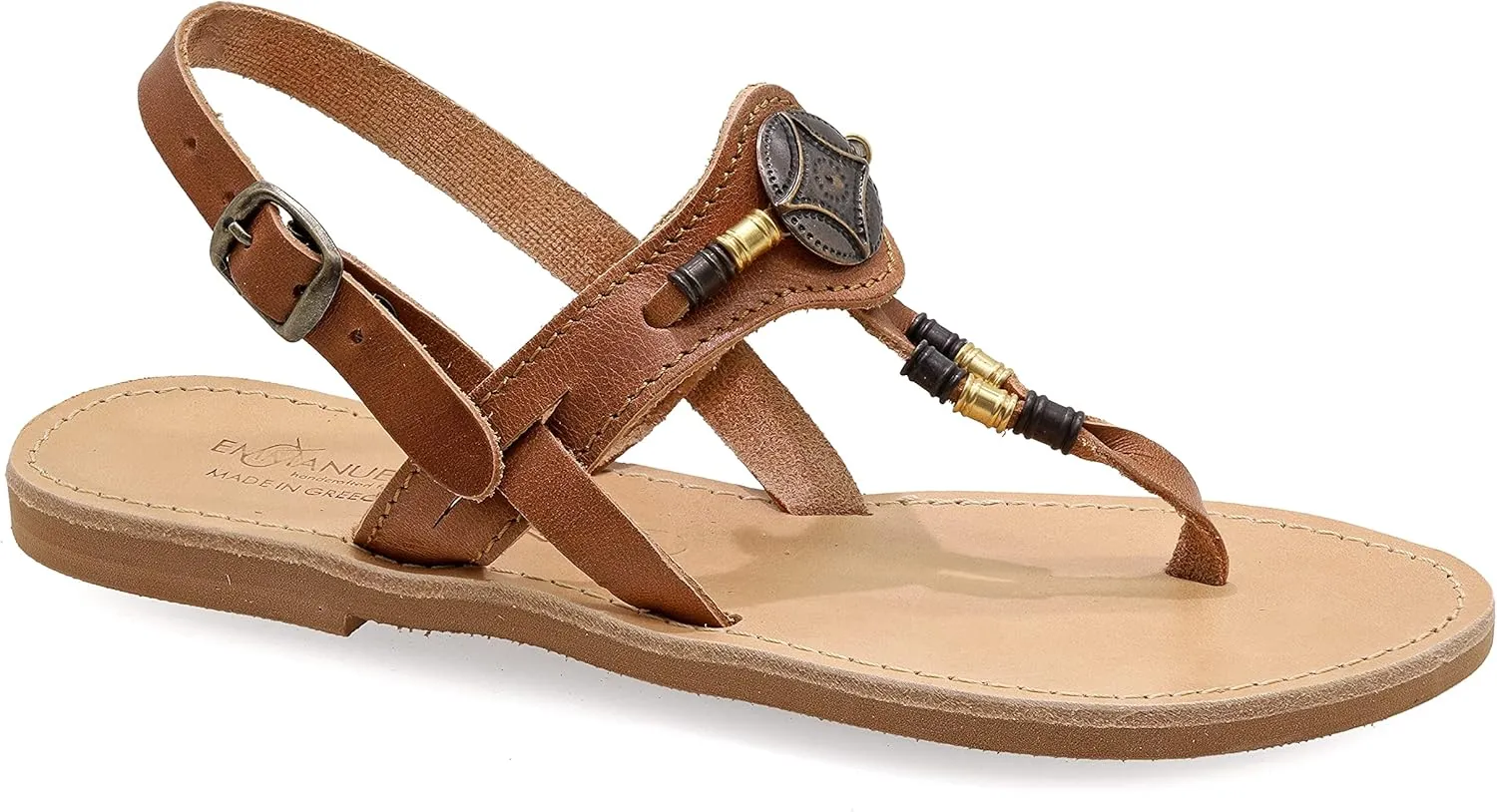 Emmanuela Ancient Greek Leather Ornamented Sandals with adjustable buckle strap, Quality Ankle Strap Summer Shoes for Women, Boho Chic Thong Sandals with Metal elements