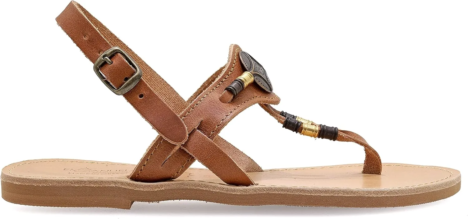 Emmanuela Ancient Greek Leather Ornamented Sandals with adjustable buckle strap, Quality Ankle Strap Summer Shoes for Women, Boho Chic Thong Sandals with Metal elements