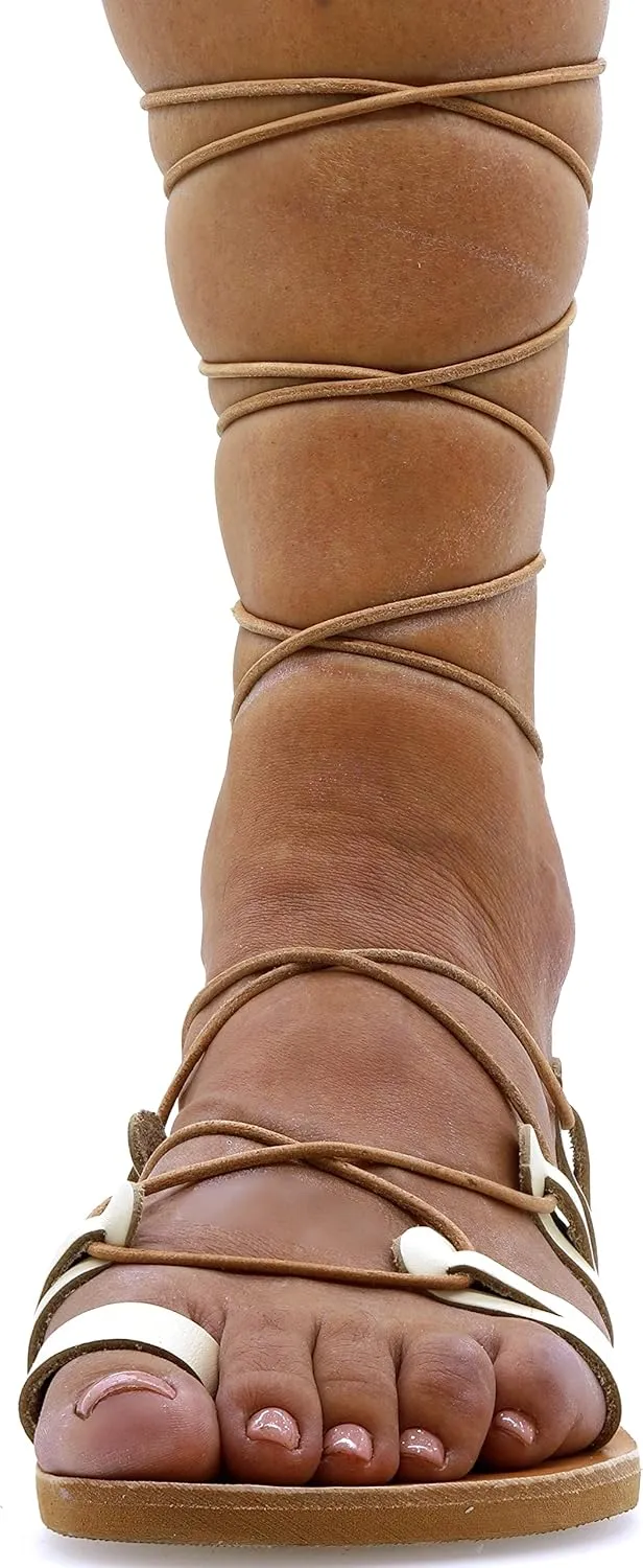 Emmanuela Ancient Greek Style Calf High Leather Sandals, Handmade Gladiator Tie up Sandals, Quality Strappy Summer Shoes, Boho Chic Toe Ring Lace up Sandals