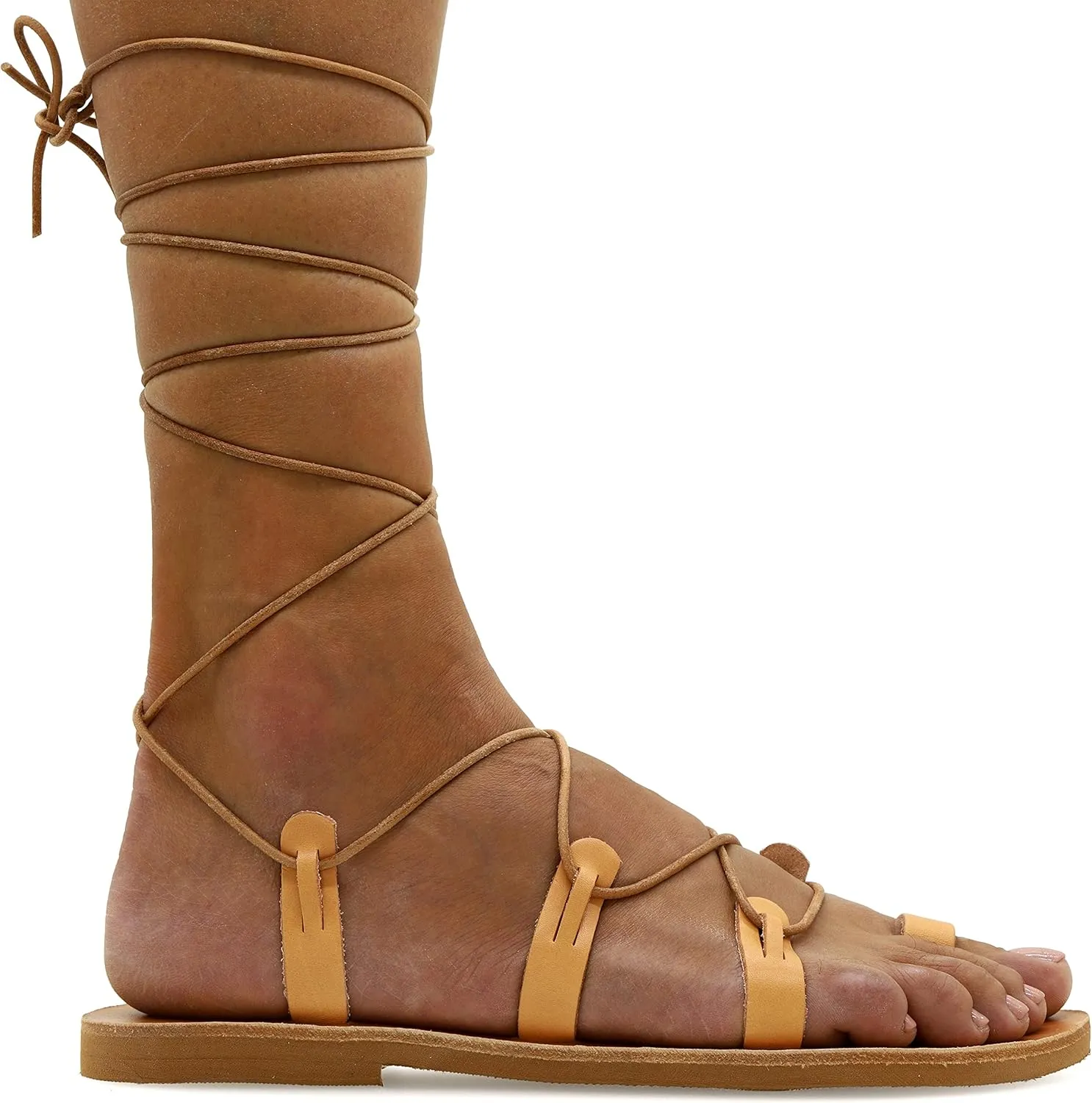 Emmanuela Ancient Greek Style Calf High Leather Sandals, Handmade Gladiator Tie up Sandals, Quality Strappy Summer Shoes, Boho Chic Toe Ring Lace up Sandals