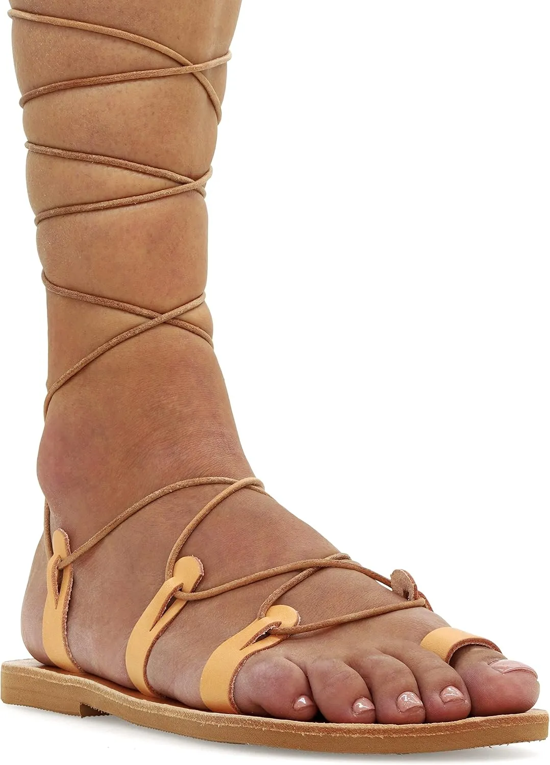 Emmanuela Ancient Greek Style Calf High Leather Sandals, Handmade Gladiator Tie up Sandals, Quality Strappy Summer Shoes, Boho Chic Toe Ring Lace up Sandals