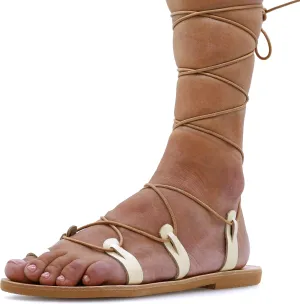 Emmanuela Ancient Greek Style Calf High Leather Sandals, Handmade Gladiator Tie up Sandals, Quality Strappy Summer Shoes, Boho Chic Toe Ring Lace up Sandals