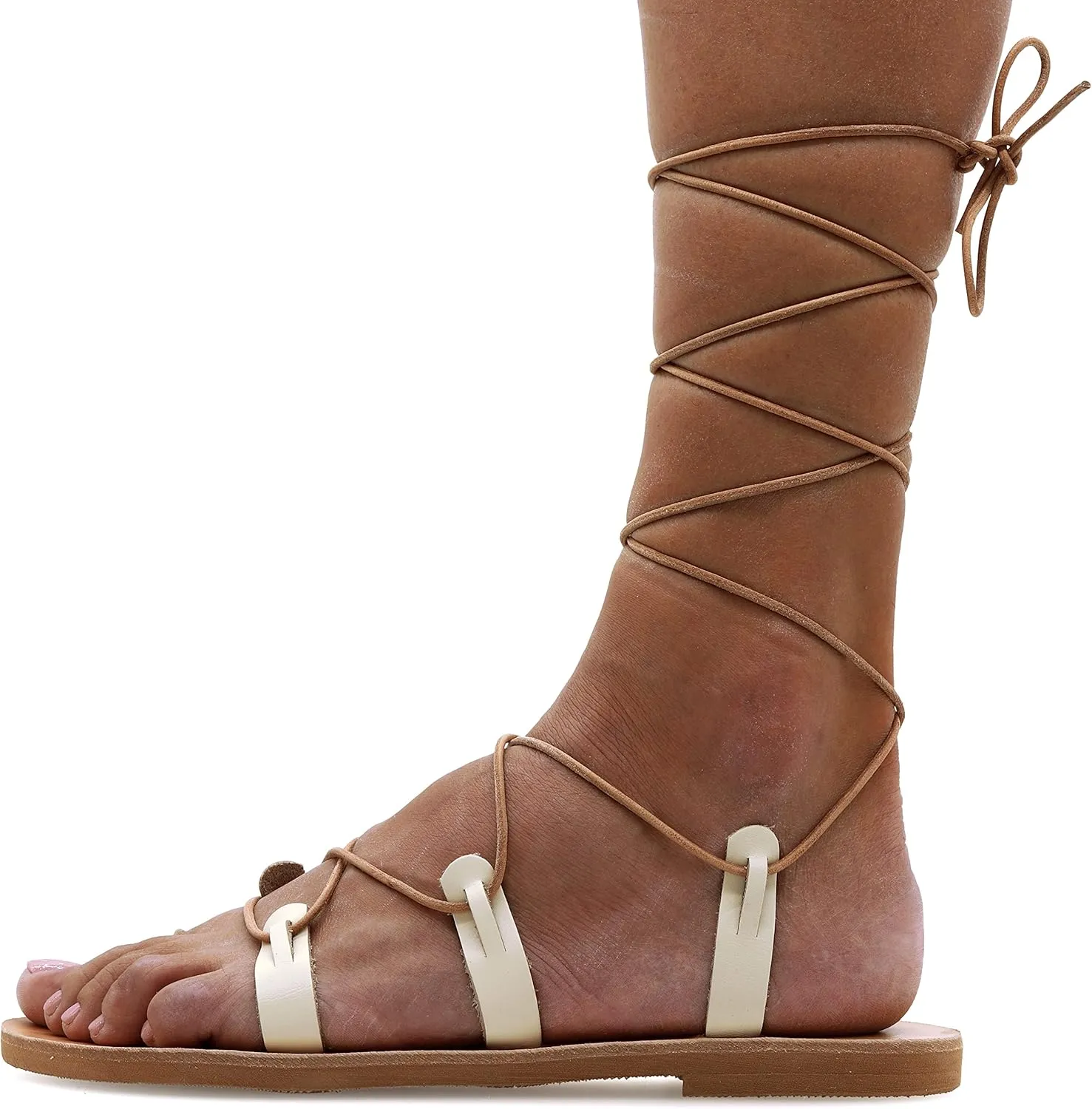 Emmanuela Ancient Greek Style Calf High Leather Sandals, Handmade Gladiator Tie up Sandals, Quality Strappy Summer Shoes, Boho Chic Toe Ring Lace up Sandals