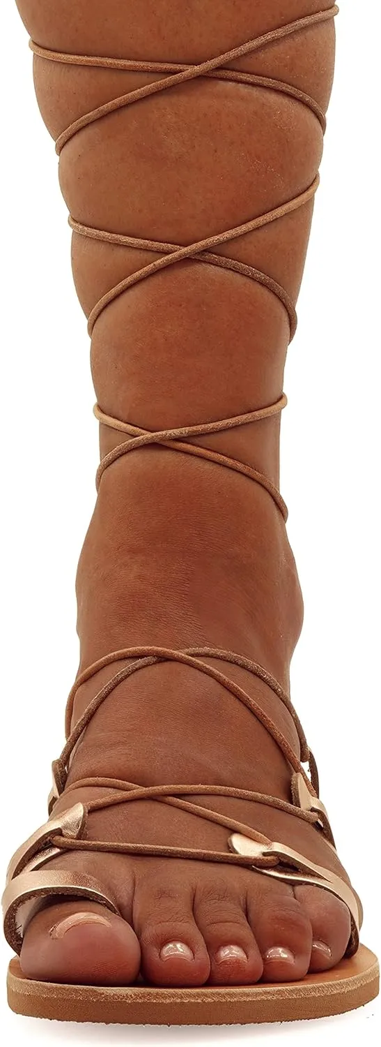 Emmanuela Ancient Greek Style Calf High Leather Sandals, Handmade Gladiator Tie up Sandals, Quality Strappy Summer Shoes, Boho Chic Toe Ring Lace up Sandals