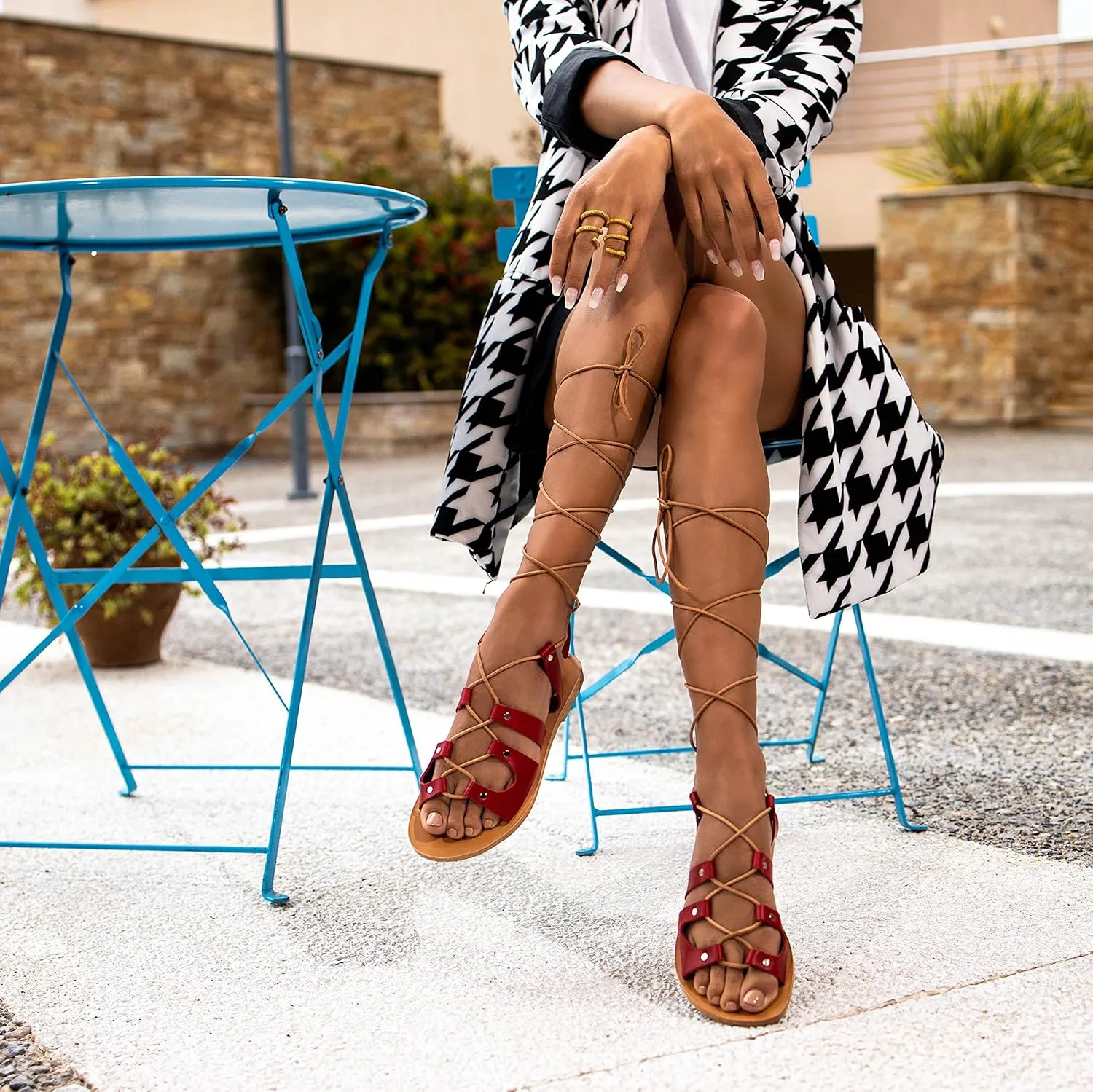 Emmanuela Ancient Greek Style Gladiator Sandals, Handmade Leather Open Toe Flat Sandals with Laces, Quality Tie Up Summer Shoes for Women, Boho Chic Lace up Sandals