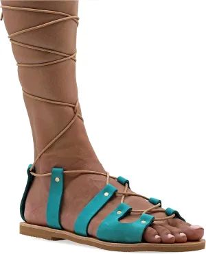 Emmanuela Ancient Greek Style Gladiator Sandals, Handmade Leather Open Toe Flat Sandals with Laces, Quality Tie Up Summer Shoes for Women, Boho Chic Lace up Sandals
