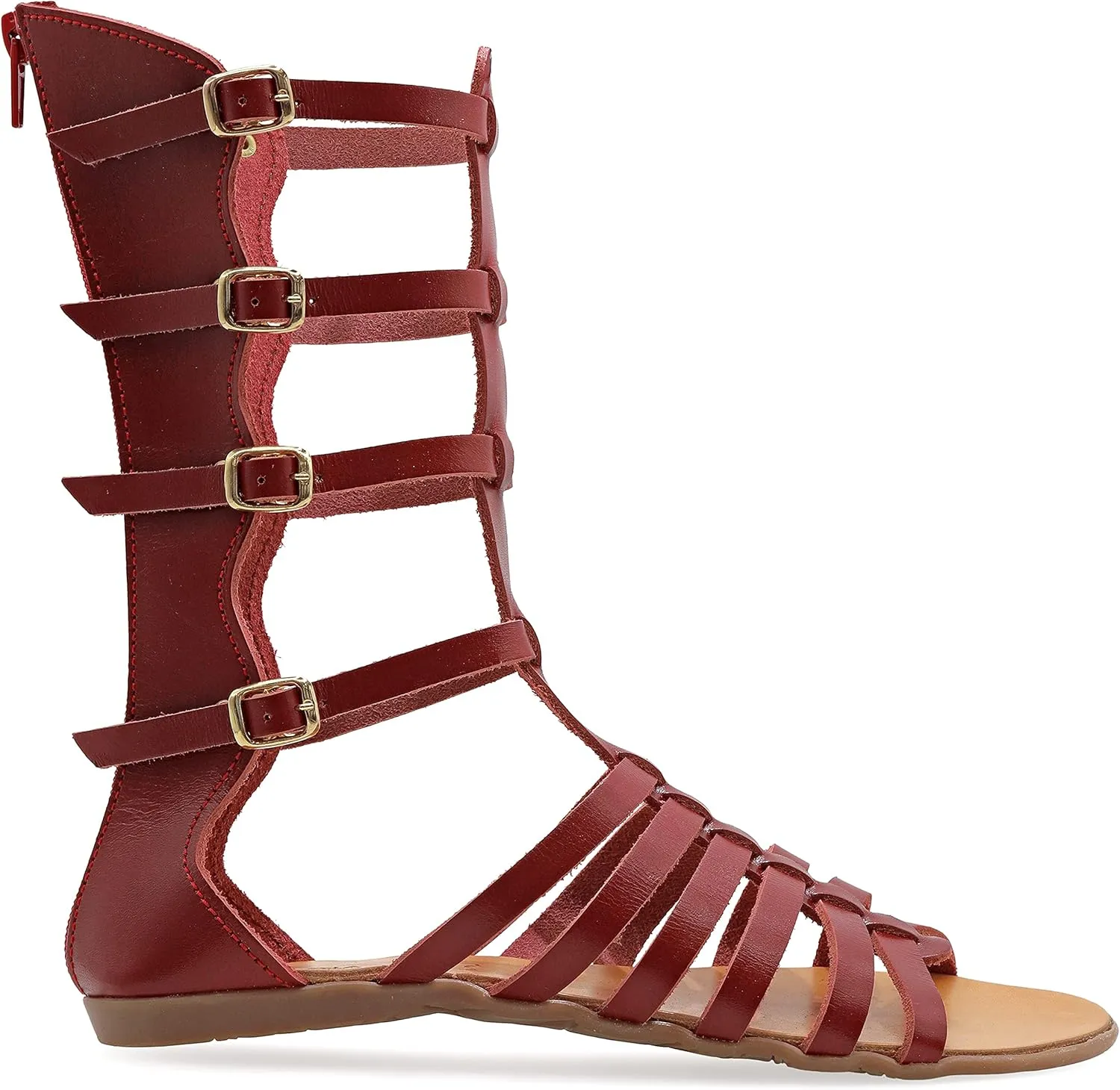 Emmanuela Ancient Greek Style Handmade Leather Gladiator Sandals, Quality Calf High Sandals with Rear Zipper at Shaft, Strappy Summer Flat Shoes for Women