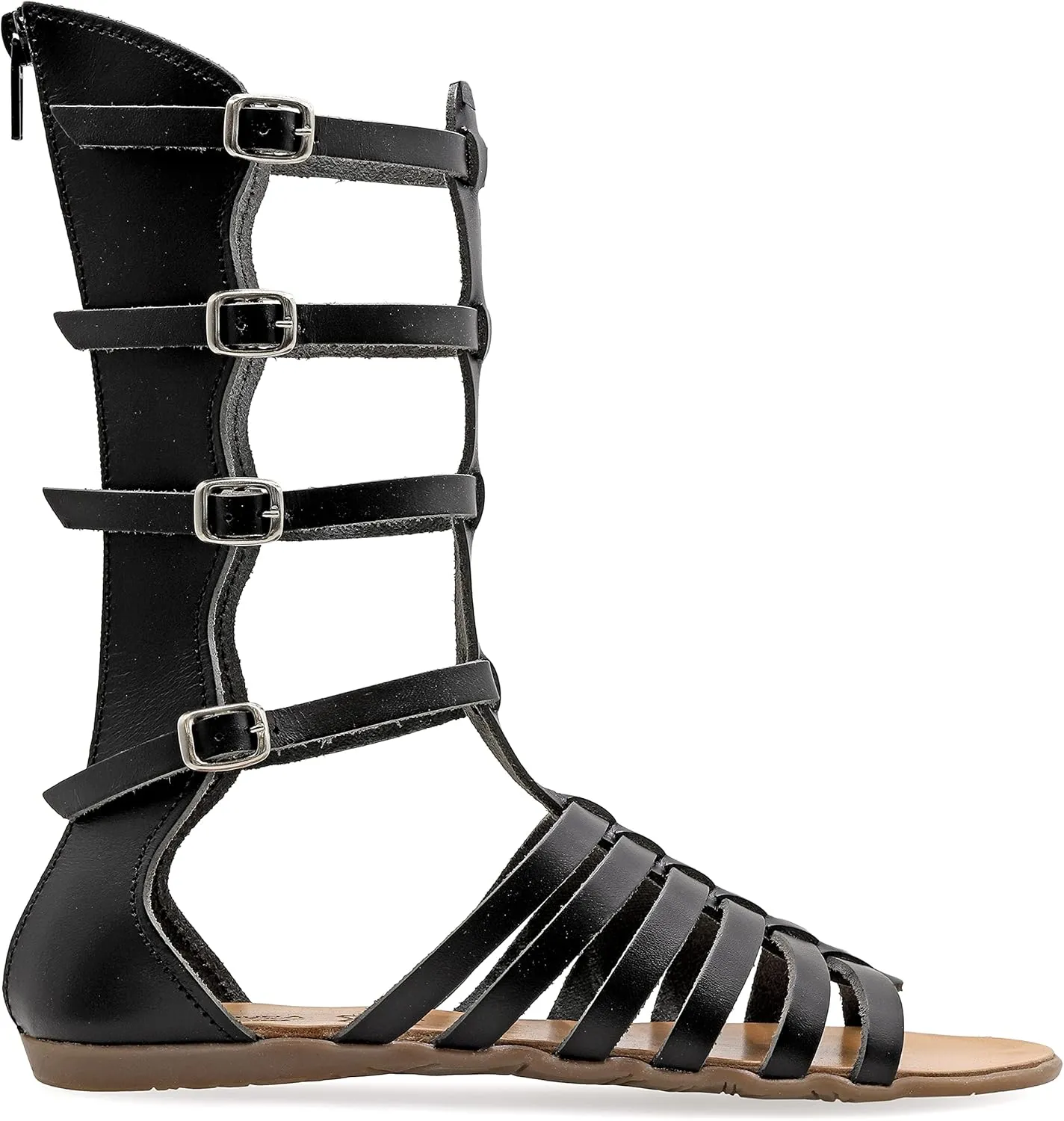 Emmanuela Ancient Greek Style Handmade Leather Gladiator Sandals, Quality Calf High Sandals with Rear Zipper at Shaft, Strappy Summer Flat Shoes for Women