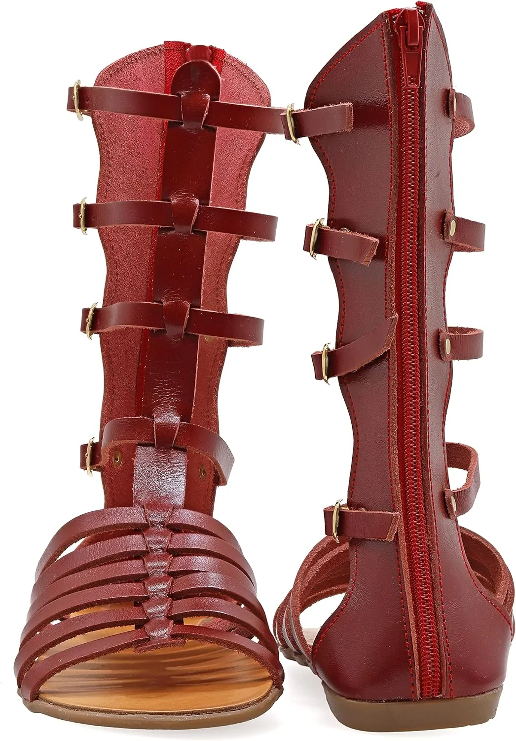 Emmanuela Ancient Greek Style Handmade Leather Gladiator Sandals, Quality Calf High Sandals with Rear Zipper at Shaft, Strappy Summer Flat Shoes for Women