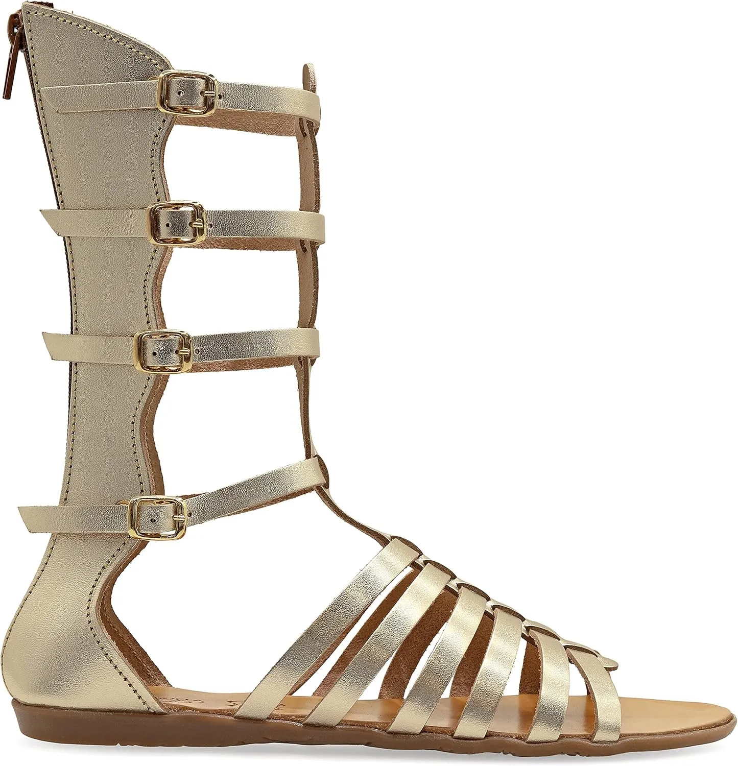 Emmanuela Ancient Greek Style Handmade Leather Gladiator Sandals, Quality Calf High Sandals with Rear Zipper at Shaft, Strappy Summer Flat Shoes for Women