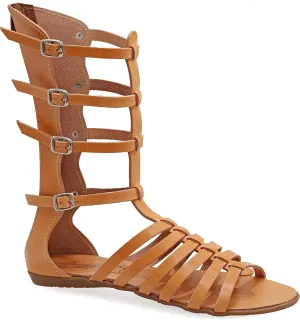 Emmanuela Ancient Greek Style Handmade Leather Gladiator Sandals, Quality Calf High Sandals with Rear Zipper at Shaft, Strappy Summer Flat Shoes for Women