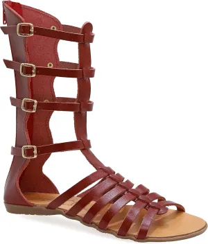Emmanuela Ancient Greek Style Handmade Leather Gladiator Sandals, Quality Calf High Sandals with Rear Zipper at Shaft, Strappy Summer Flat Shoes for Women