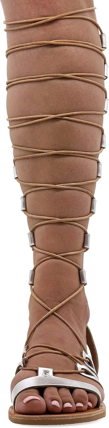 Emmanuela Ancient Greek Style Knee High Leather Sandals, Handmade Open Toe Flat Gladiator Sandals, Quality Tie up Strappy Summer Shoes for Women, Boho Chic Rose Gold Silver White Black