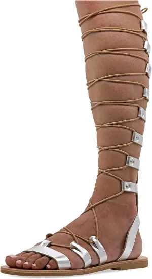 Emmanuela Ancient Greek Style Knee High Leather Sandals, Handmade Open Toe Flat Gladiator Sandals, Quality Tie up Strappy Summer Shoes for Women, Boho Chic Rose Gold Silver White Black