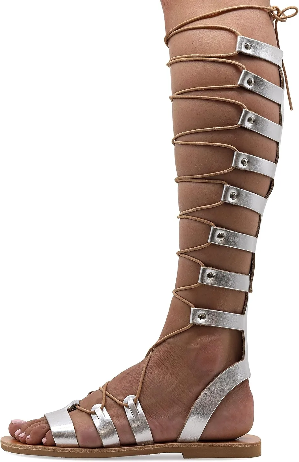 Emmanuela Ancient Greek Style Knee High Leather Sandals, Handmade Open Toe Flat Gladiator Sandals, Quality Tie up Strappy Summer Shoes for Women, Boho Chic Rose Gold Silver White Black