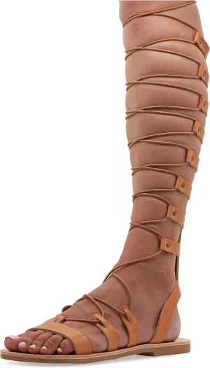 Emmanuela Ancient Greek Style Knee High Leather Sandals, Handmade Open Toe Flat Gladiator Sandals, Quality Tie up Strappy Summer Shoes for Women, Boho Chic Rose Gold Silver White Black