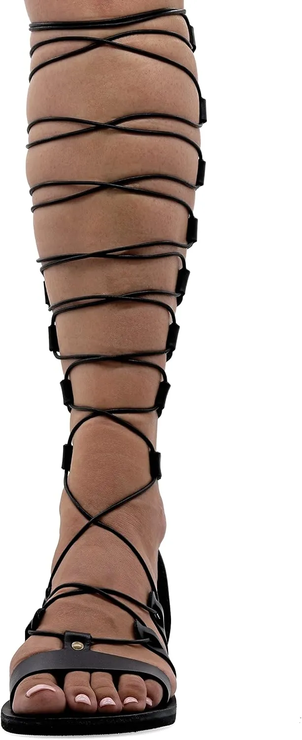 Emmanuela Ancient Greek Style Knee High Leather Sandals, Handmade Open Toe Flat Gladiator Sandals, Quality Tie up Strappy Summer Shoes for Women, Boho Chic Rose Gold Silver White Black