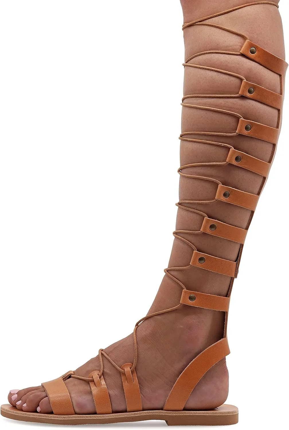 Emmanuela Ancient Greek Style Knee High Leather Sandals, Handmade Open Toe Flat Gladiator Sandals, Quality Tie up Strappy Summer Shoes for Women, Boho Chic Rose Gold Silver White Black