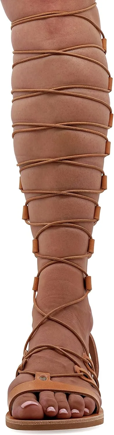 Emmanuela Ancient Greek Style Knee High Leather Sandals, Handmade Open Toe Flat Gladiator Sandals, Quality Tie up Strappy Summer Shoes for Women, Boho Chic Rose Gold Silver White Black