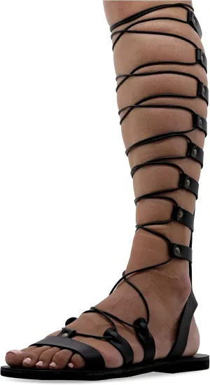Emmanuela Ancient Greek Style Knee High Leather Sandals, Handmade Open Toe Flat Gladiator Sandals, Quality Tie up Strappy Summer Shoes for Women, Boho Chic Rose Gold Silver White Black