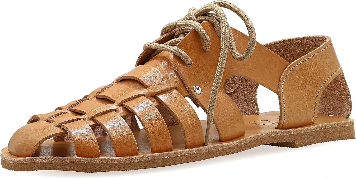 Emmanuela Ancient Greek Style Leather Fisherman Sandals for Men with Laces, Handmade Leather Caged Tie up Men's Sandals, Quality Strappy Summer Shoes Black, Brown, Beige