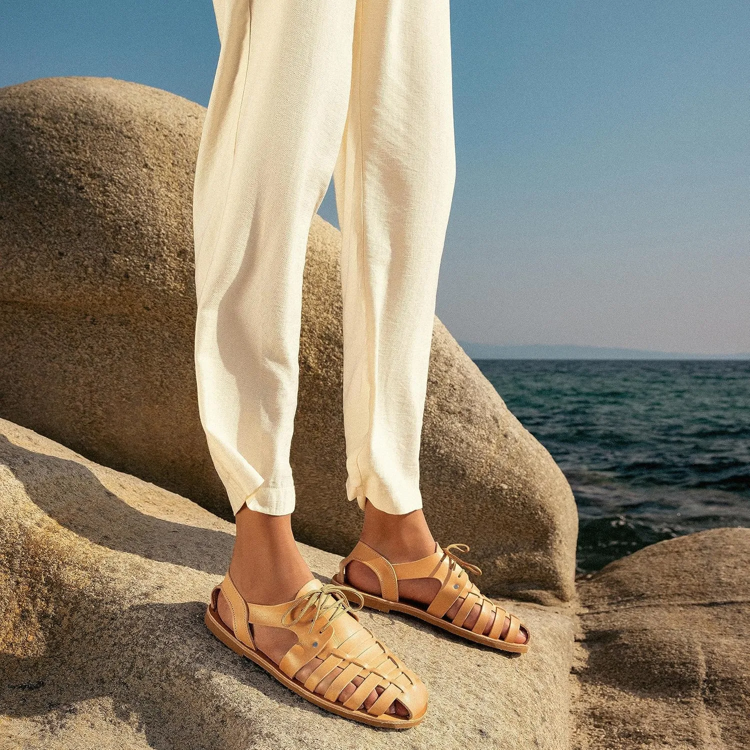 Emmanuela Ancient Greek Style Leather Fisherman Sandals for Women with Laces, Handmade Leather Caged Tie up Women's Sandals, Quality Strappy Summer Shoes Black, Brown, Beige