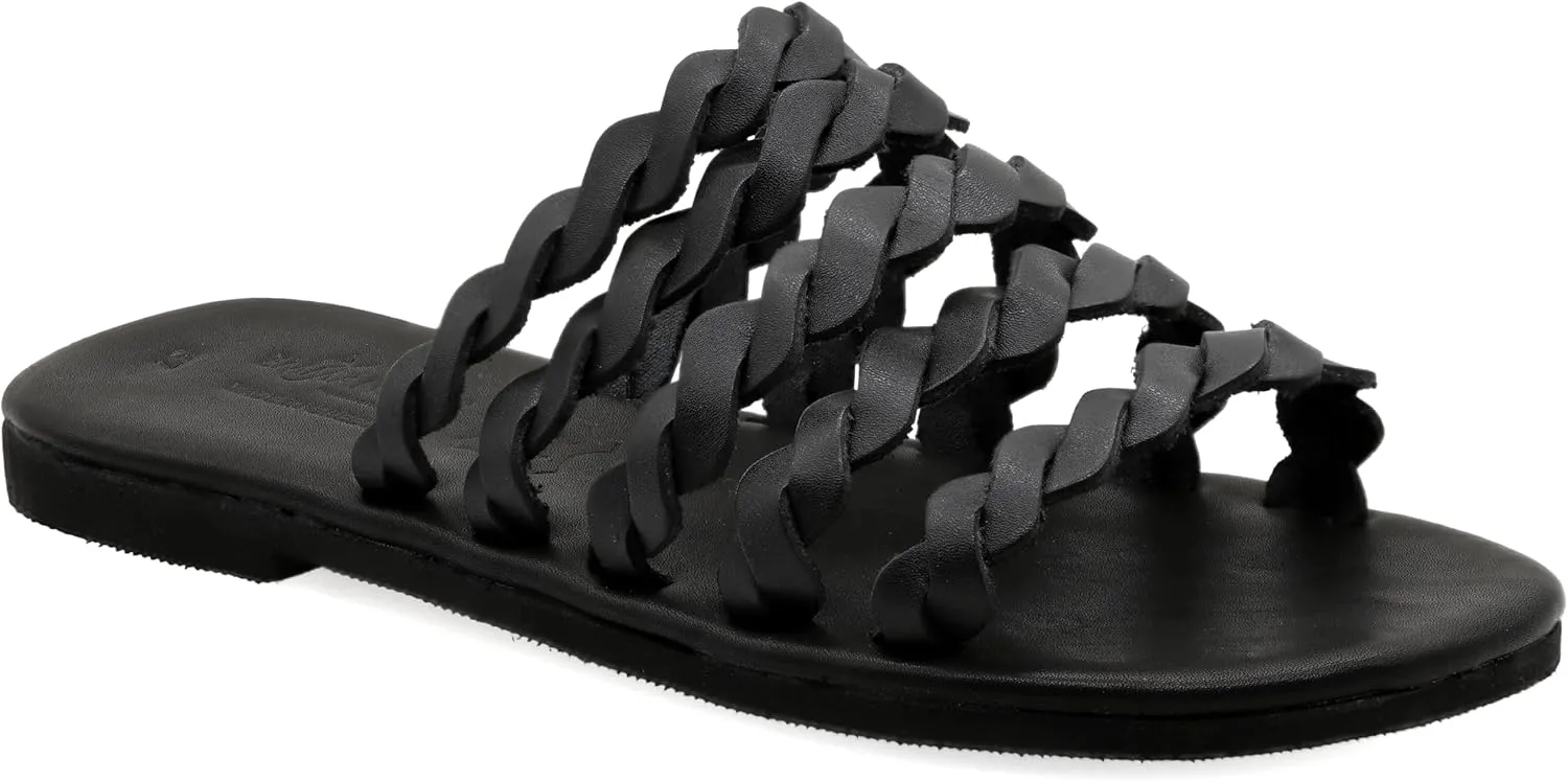 Emmanuela Comfortable Leather Flat Sandals with Braided Straps, Greek Quality Slide on Summer Shoes, Open Toe Mules, Boho Chic Braided Fashion Sliders