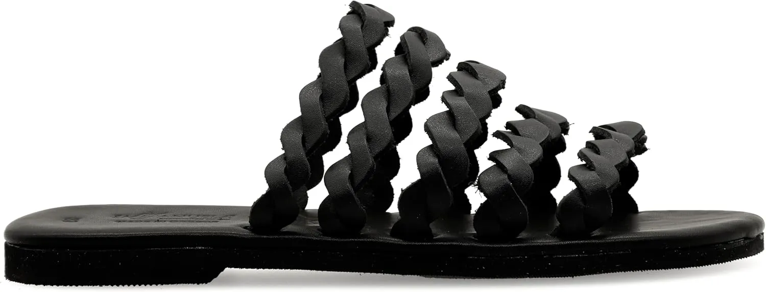 Emmanuela Comfortable Leather Flat Sandals with Braided Straps, Greek Quality Slide on Summer Shoes, Open Toe Mules, Boho Chic Braided Fashion Sliders