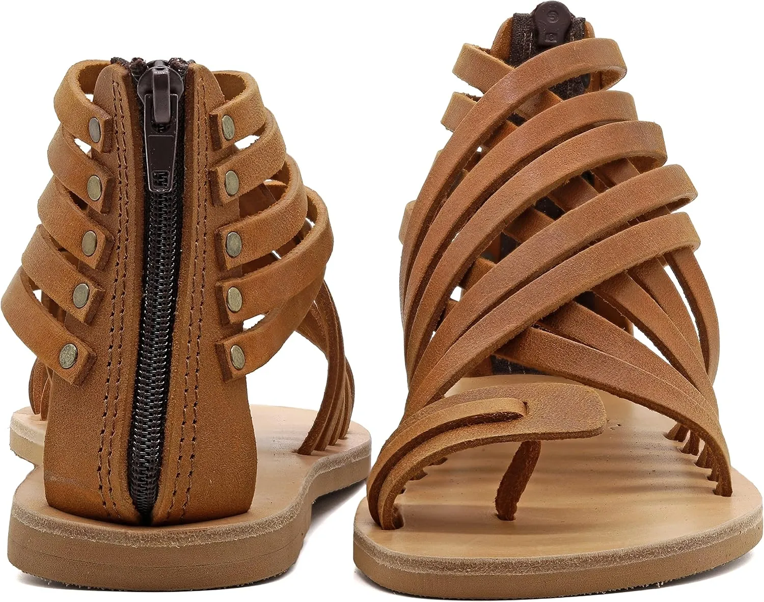 Emmanuela Greek Leather Gladiator Sandals with Zipper Shafts, Quality Handmade Summer Shoes, Toe Ring Flat sandals Boho Chic Sandals